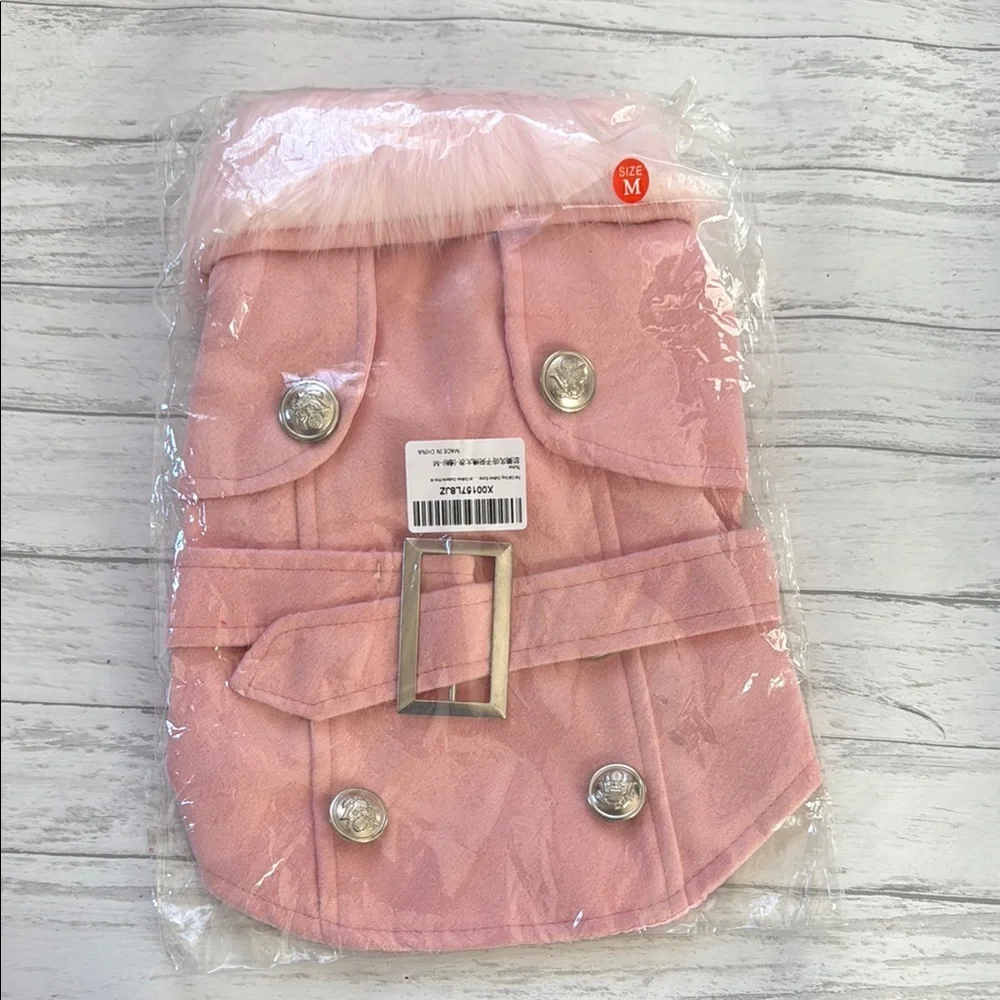 Pink Faux-Fur Trim Trench Coat for Dogs. Size Medium